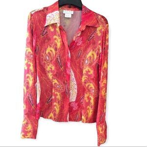 XOXO Sz S Bright Orange Yellow Retro Pattern Button Down Casual Vintage Shirt